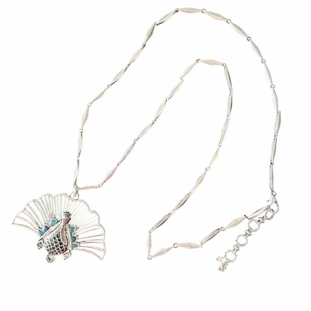 vintage peacock bird southwest silver tone necklace statement pendant 30 inches
